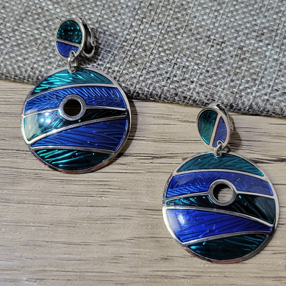 Edgar Berebi clip-on earrings teal blue enamel‎ silver-tone dangle hoops vintage